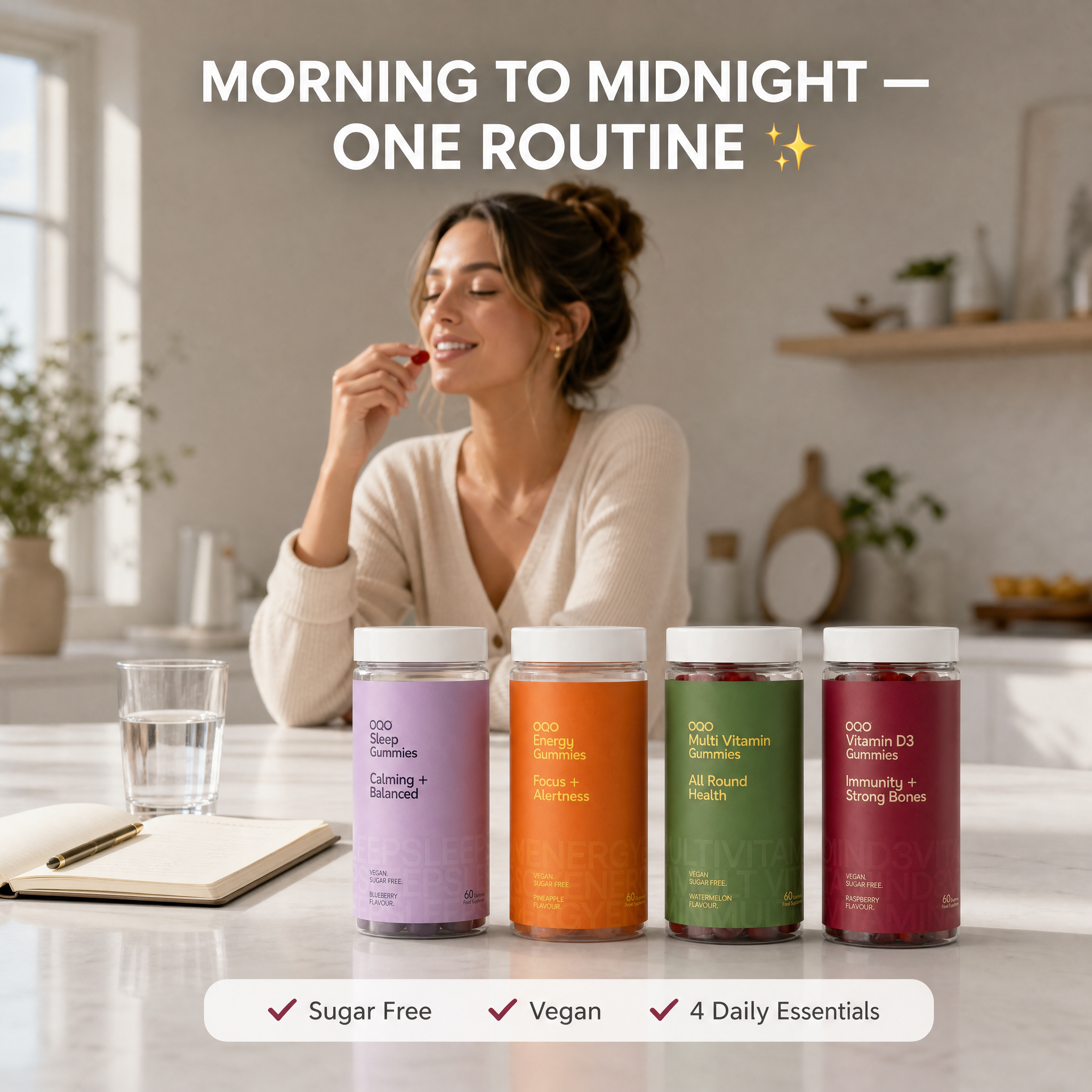 OQO Daily Wellness Gummies Bundle – Sleep, Multivitamin, Energy & Vitamin D3 | Sugar Free & Vegan, 4 x 60 Gummies