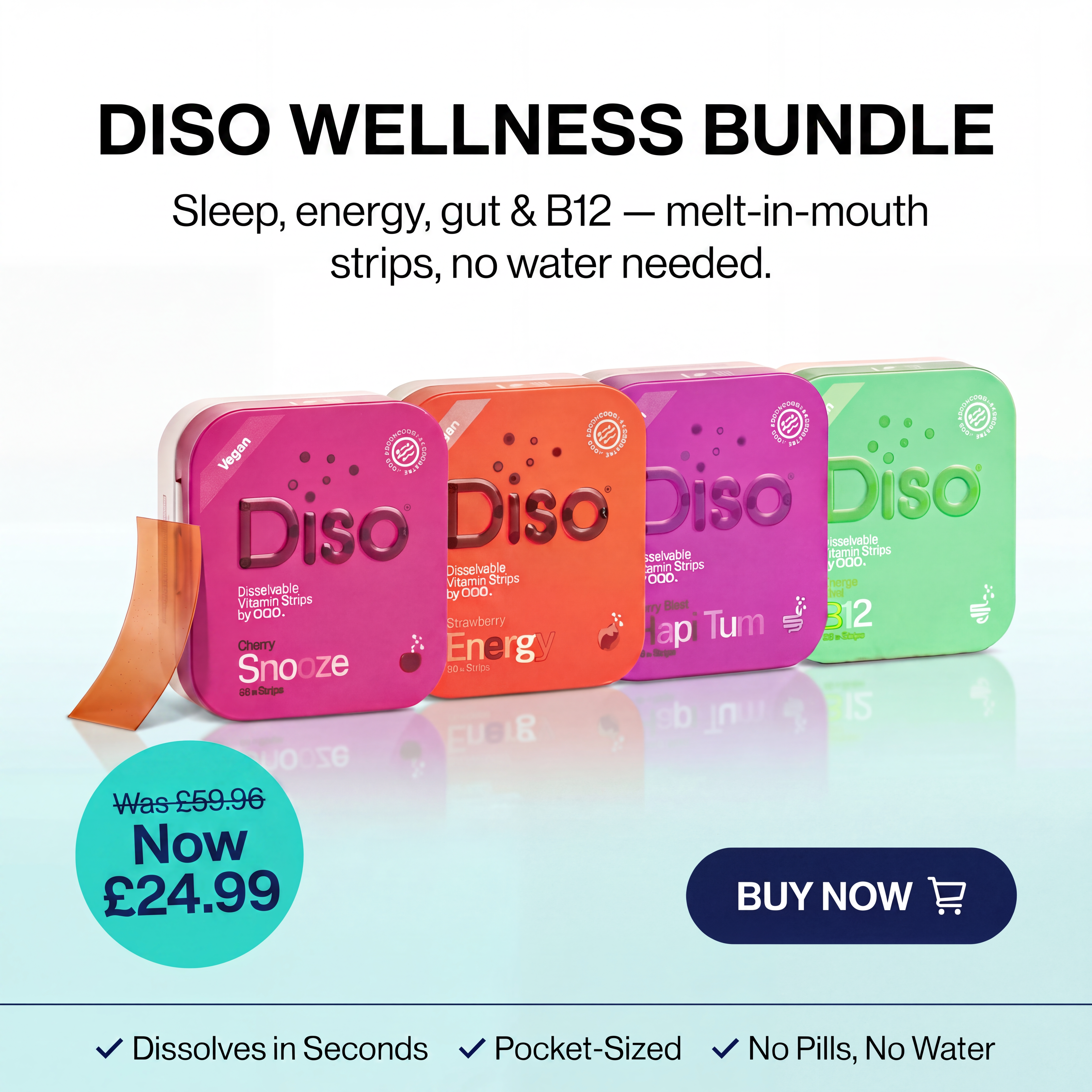 Diso Wellness Oral Strips Bundle – Sleep, Energy, Gut Health & Vitamin B12 | Dissolvable, No Water Needed